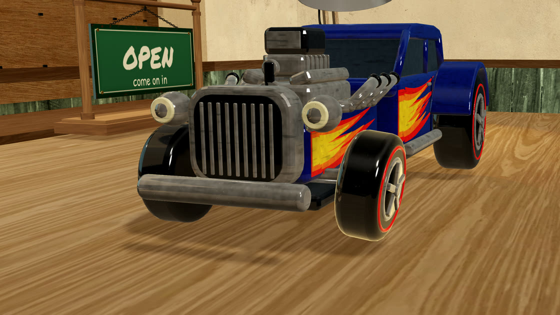 Theo's blue hot rod on the bench, its bent front wheel being straightened