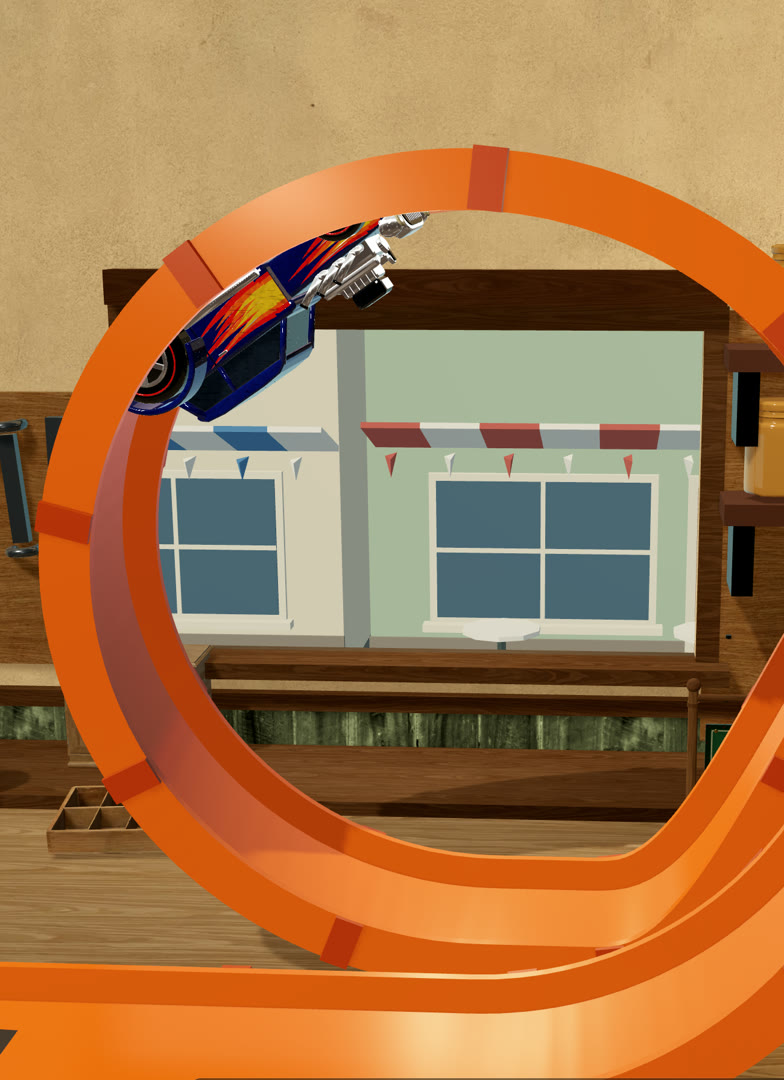 Theo's restored hot rod upside down at the top of the orange loop